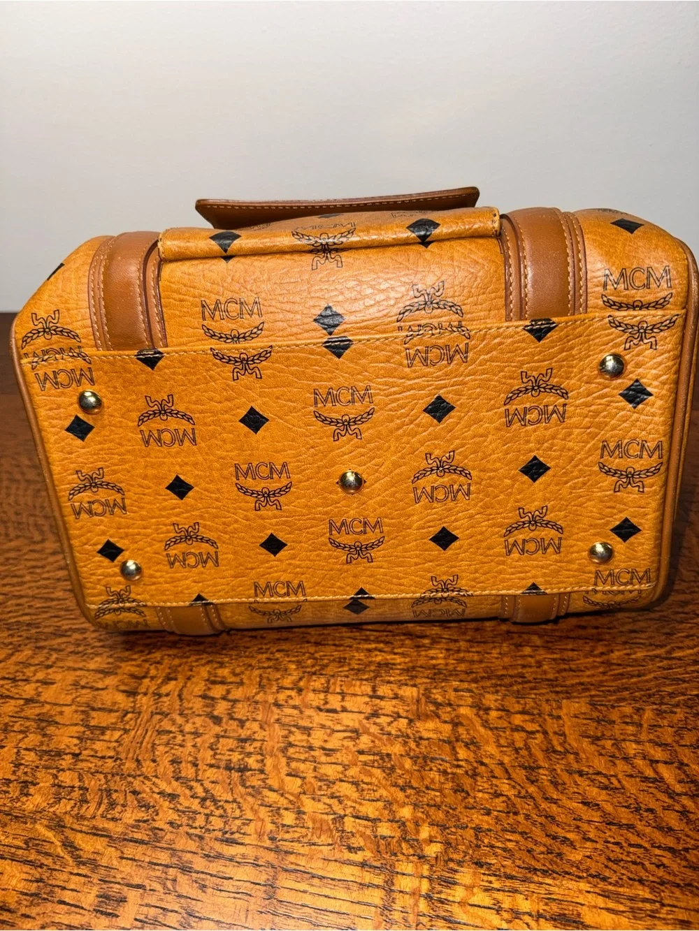 MCM Cognac Visetos Boston Bag w/Front Pocket and COA